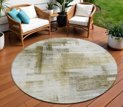 8' Taupe And Ivory Round Abstract Washable Indoor Outdoor Area Rug