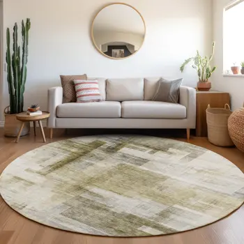 8' Taupe And Ivory Round Abstract Washable Indoor Outdoor Area Rug