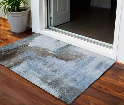 3' X 5' Blue Gray And Dark Brown Abstract Washable Indoor Outdoor Area Rug