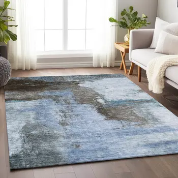 5' X 8' Blue Gray And Dark Brown Abstract Washable Indoor Outdoor Area Rug