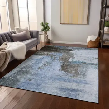 5' X 8' Blue Gray And Dark Brown Abstract Washable Indoor Outdoor Area Rug