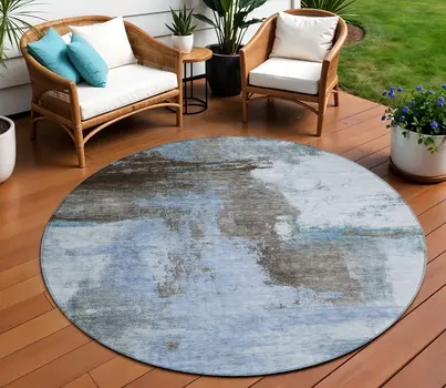 8' Blue Gray And Dark Brown Round Abstract Washable Indoor Outdoor Area Rug