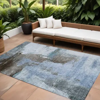 9' X 12' Blue Gray And Dark Brown Abstract Washable Indoor Outdoor Area Rug