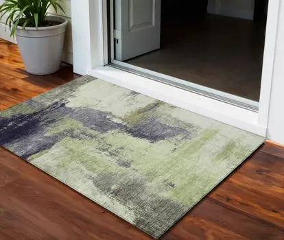 3' X 5' Fern Green Gray And Black Abstract Washable Indoor Outdoor Area Rug