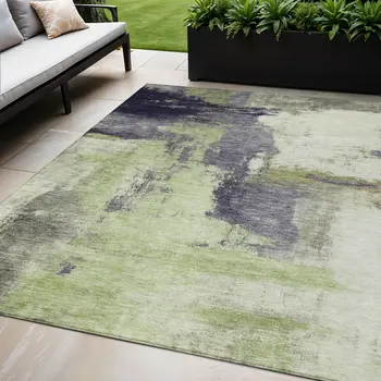 5' X 8' Fern Green Gray And Black Abstract Washable Indoor Outdoor Area Rug
