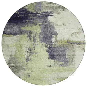 8' Fern Green Gray And Black Round Abstract Washable Indoor Outdoor Area Rug