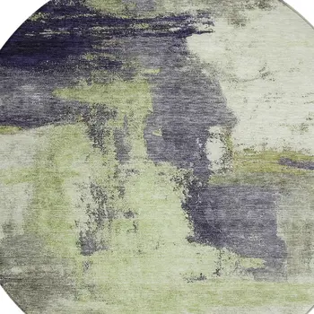 8' Fern Green Gray And Black Round Abstract Washable Indoor Outdoor Area Rug