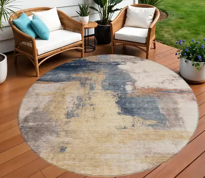 8' Gold Beige And Blue Round Abstract Washable Indoor Outdoor Area Rug