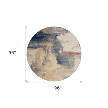 8' Gold Beige And Blue Round Abstract Washable Indoor Outdoor Area Rug