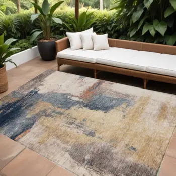 8' X 10' Gold Beige And Blue Abstract Washable Indoor Outdoor Area Rug