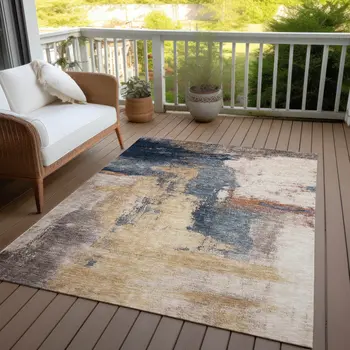 9' X 12' Gold Beige And Blue Abstract Washable Indoor Outdoor Area Rug