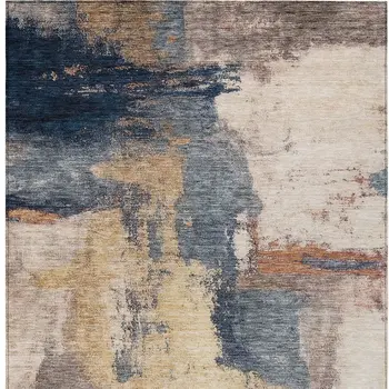 9' X 12' Gold Beige And Blue Abstract Washable Indoor Outdoor Area Rug