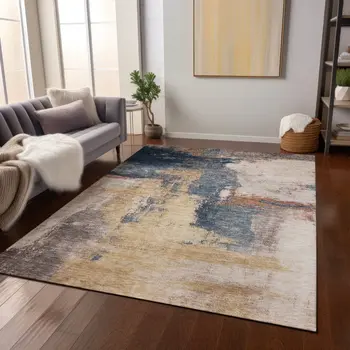 9' X 12' Gold Beige And Blue Abstract Washable Indoor Outdoor Area Rug