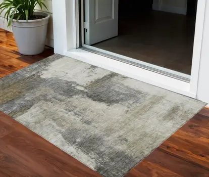 3' X 5' Gray Brown And Ivory Abstract Washable Indoor Outdoor Area Rug