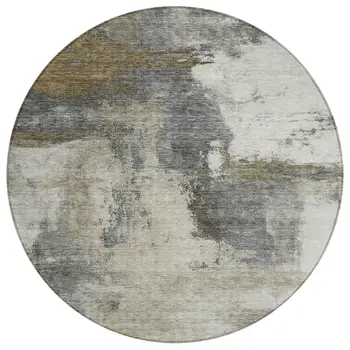 8' Gray Brown And Ivory Round Abstract Washable Indoor Outdoor Area Rug