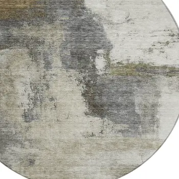 8' Gray Brown And Ivory Round Abstract Washable Indoor Outdoor Area Rug