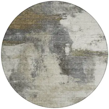 8' Gray Brown And Ivory Round Abstract Washable Indoor Outdoor Area Rug