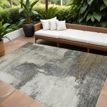 8' X 10' Gray Brown And Ivory Abstract Washable Indoor Outdoor Area Rug