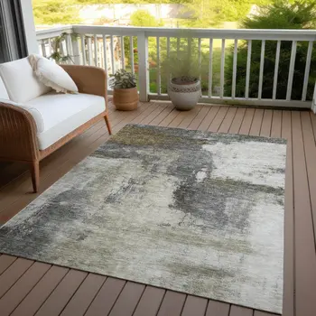 8' X 10' Gray Brown And Ivory Abstract Washable Indoor Outdoor Area Rug