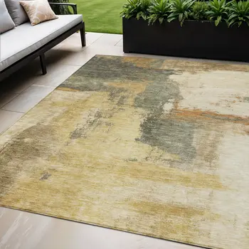 5' X 8' Sage Brown And Beige Abstract Washable Indoor Outdoor Area Rug