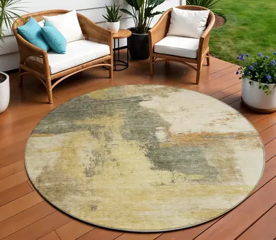 8' Sage Brown And Beige Round Abstract Washable Indoor Outdoor Area Rug