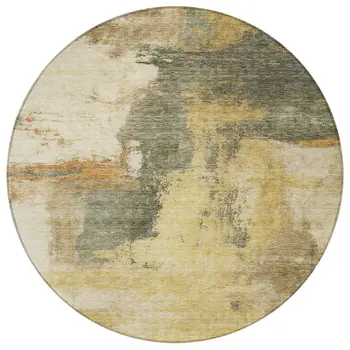 8' Sage Brown And Beige Round Abstract Washable Indoor Outdoor Area Rug