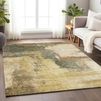 9' X 12' Sage Brown And Beige Abstract Washable Indoor Outdoor Area Rug