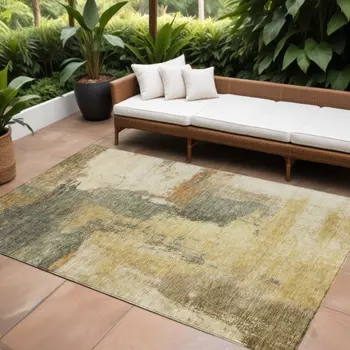 10' X 14' Sage Brown And Beige Abstract Washable Indoor Outdoor Area Rug