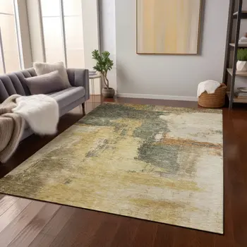 10' X 14' Sage Brown And Beige Abstract Washable Indoor Outdoor Area Rug