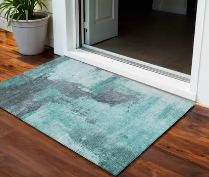 3' X 5' Teal Blue And Charcoal Abstract Washable Indoor Outdoor Area Rug