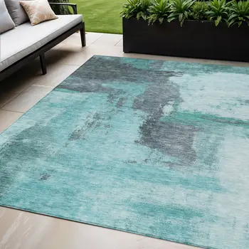 5' X 8' Teal Blue And Charcoal Abstract Washable Indoor Outdoor Area Rug