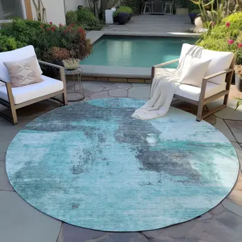 8' Teal Blue And Charcoal Round Abstract Washable Indoor Outdoor Area Rug