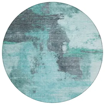 8' Teal Blue And Charcoal Round Abstract Washable Indoor Outdoor Area Rug