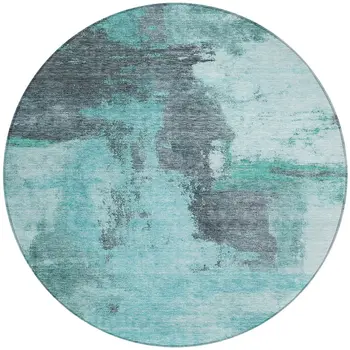8' Teal Blue And Charcoal Round Abstract Washable Indoor Outdoor Area Rug