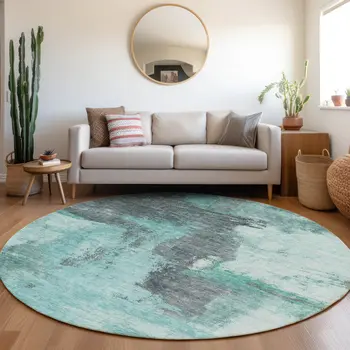 8' Teal Blue And Charcoal Round Abstract Washable Indoor Outdoor Area Rug