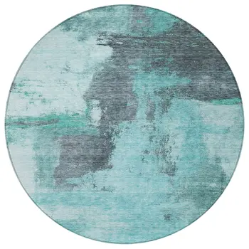 8' Teal Blue And Charcoal Round Abstract Washable Indoor Outdoor Area Rug