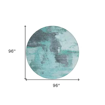 8' Teal Blue And Charcoal Round Abstract Washable Indoor Outdoor Area Rug