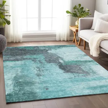 8' X 10' Teal Blue And Charcoal Abstract Washable Indoor Outdoor Area Rug