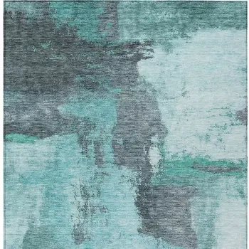 10' X 14' Teal Blue And Charcoal Abstract Washable Indoor Outdoor Area Rug