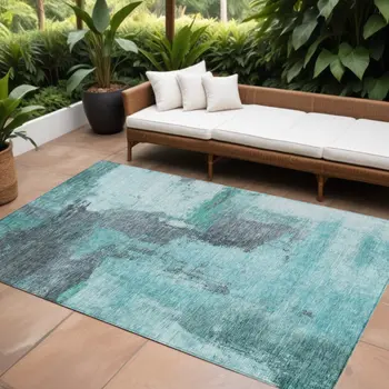 10' X 14' Teal Blue And Charcoal Abstract Washable Indoor Outdoor Area Rug