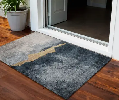 3' X 5' Blue Gray And Gold Abstract Washable Indoor Outdoor Area Rug
