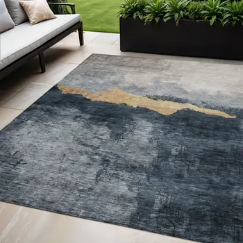 5' X 8' Blue Gray And Gold Abstract Washable Indoor Outdoor Area Rug