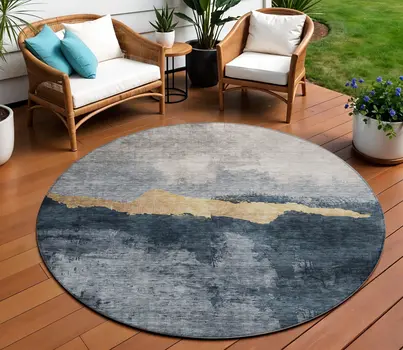 8' Blue Gray And Gold Round Abstract Washable Indoor Outdoor Area Rug