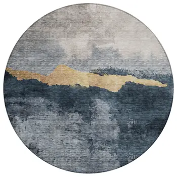 8' Blue Gray And Gold Round Abstract Washable Indoor Outdoor Area Rug