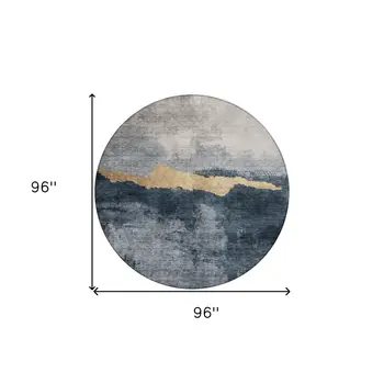 8' Blue Gray And Gold Round Abstract Washable Indoor Outdoor Area Rug
