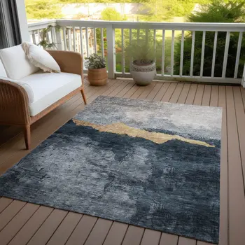 9' X 12' Blue Gray And Gold Abstract Washable Indoor Outdoor Area Rug