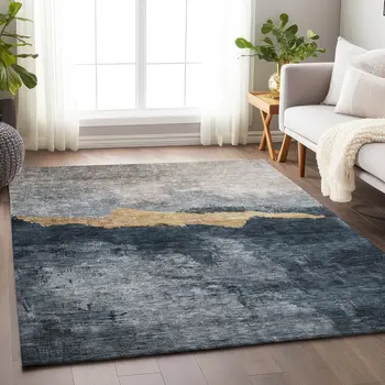 9' X 12' Blue Gray And Gold Abstract Washable Indoor Outdoor Area Rug