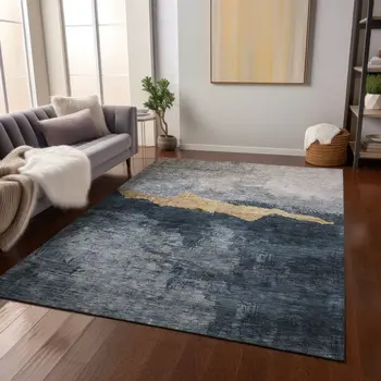 9' X 12' Blue Gray And Gold Abstract Washable Indoor Outdoor Area Rug