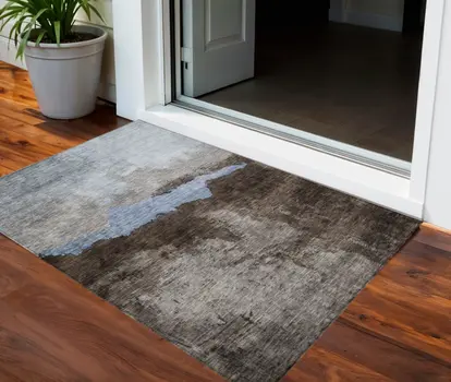 3' X 5' Chocolate Gray And Blue Abstract Washable Indoor Outdoor Area Rug