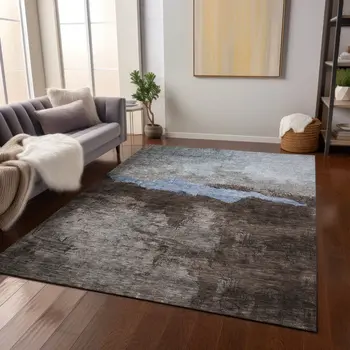 5' X 8' Chocolate Gray And Blue Abstract Washable Indoor Outdoor Area Rug